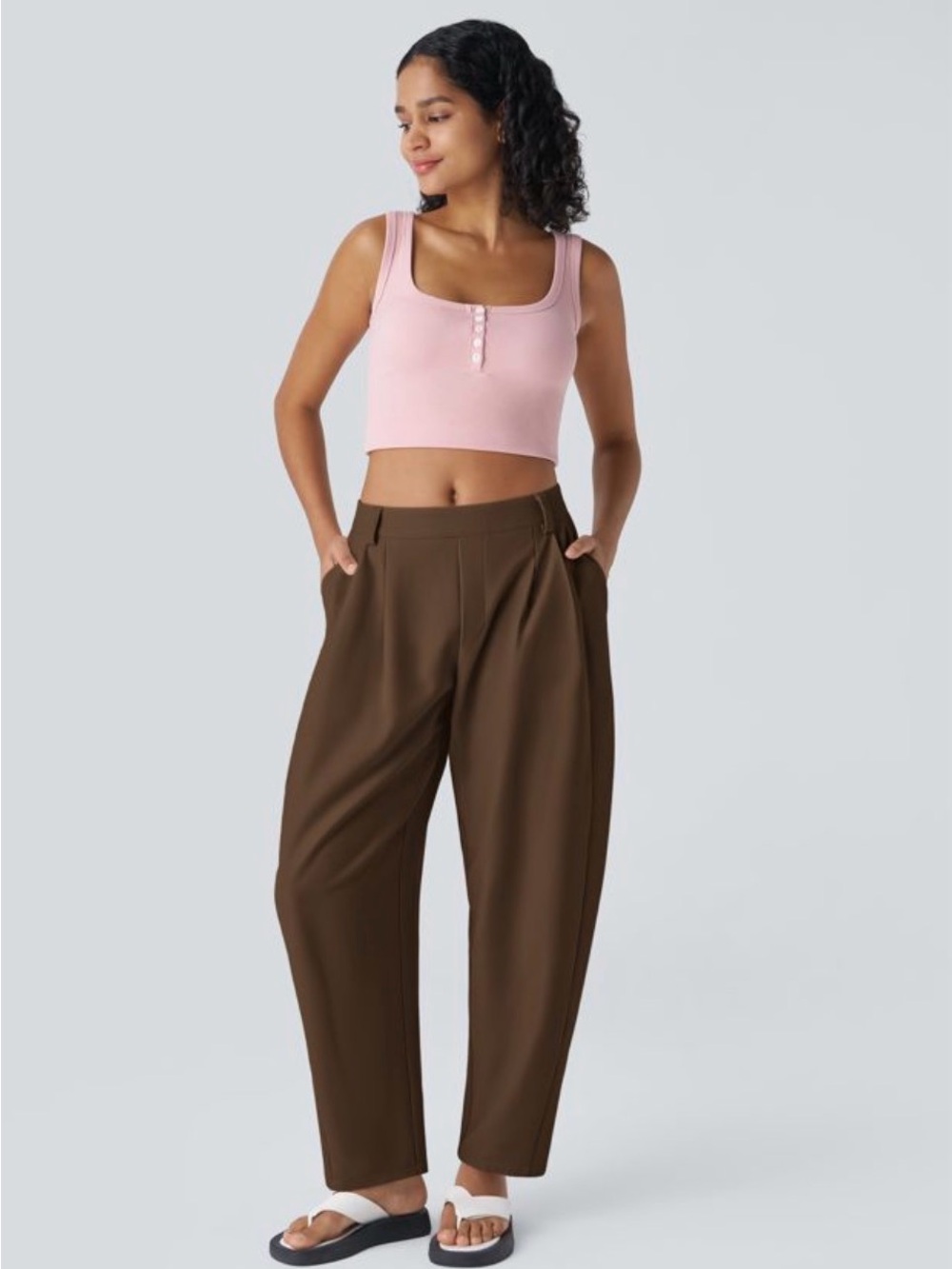 HALARA Mid Rise Pocket Barrel Leg Baggy Pants - Brown